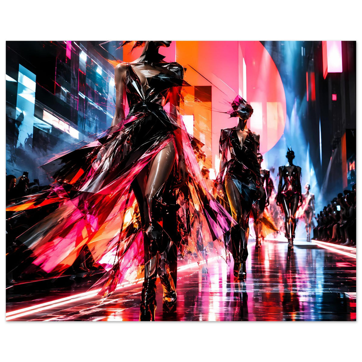 Neon-Mode-Poster mit Laufsteg-Silhouetten: vorderes Model im schimmernden Schwarz-Design, seitlich mehrere