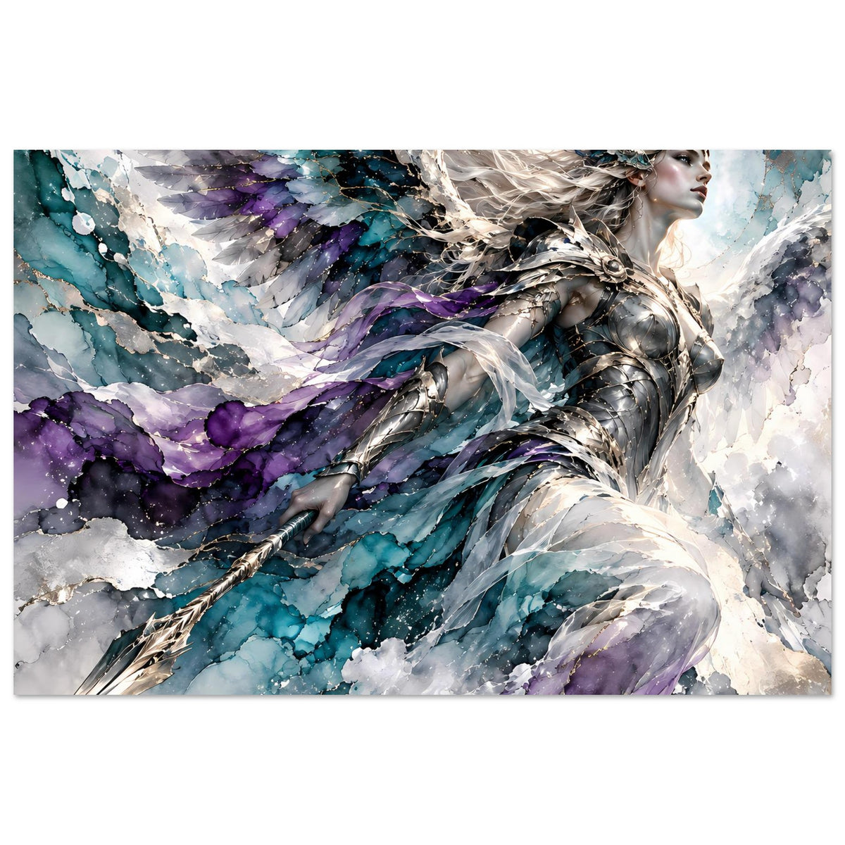 Fantasy-Poster: Kriegerengel in silberner Rüstung, große Flügel mit Blau- und Violettverlauf, Schwert