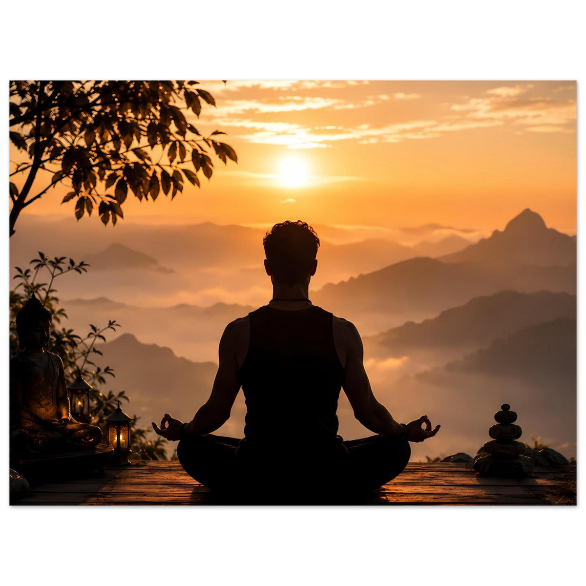 Meditationsposter mit Silhouette im Lotussitz, Sonnenuntergang über Landschaft und Laternen links