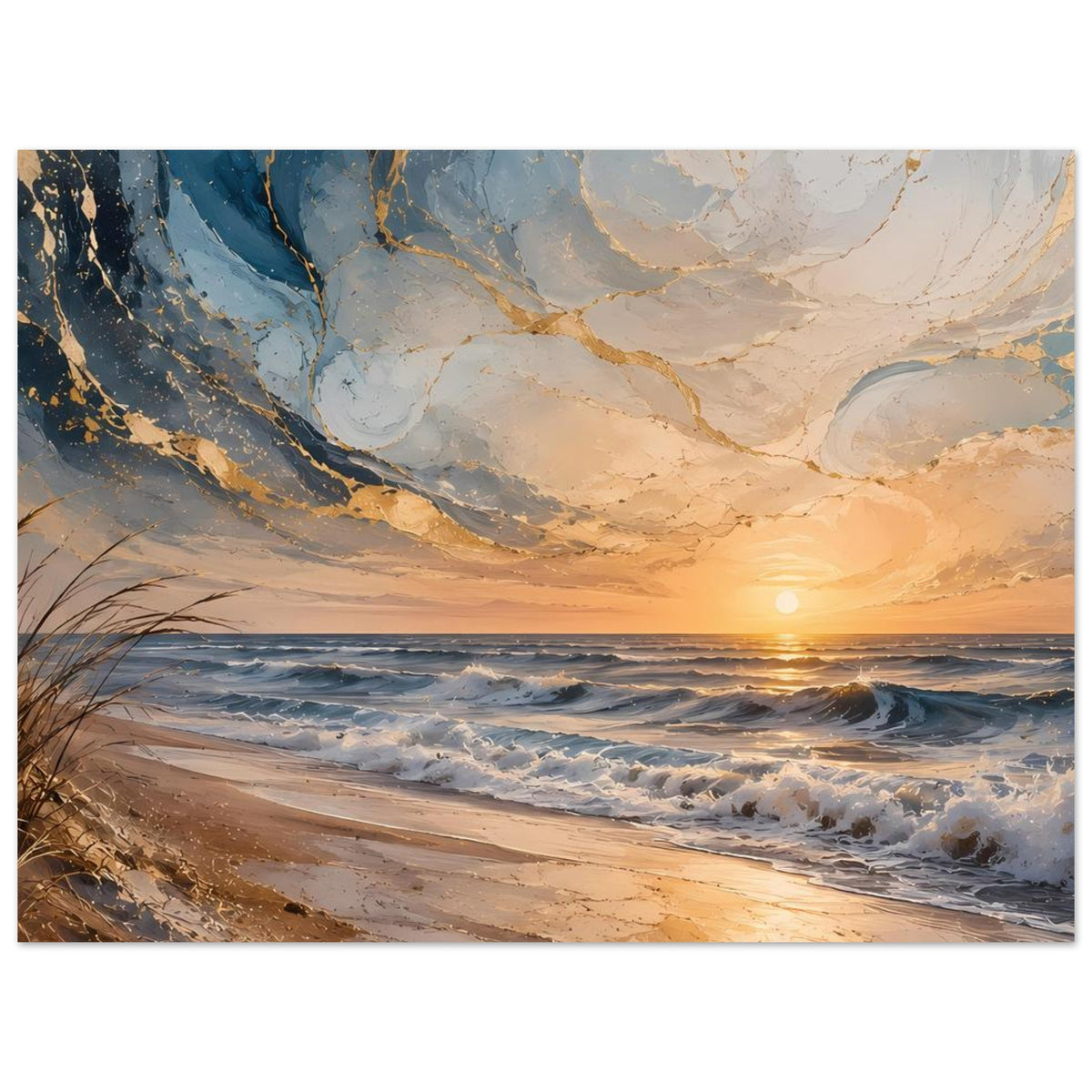 Strandposter mit Sand, Meereswellen und abstrakten Gold- und Blaulinien