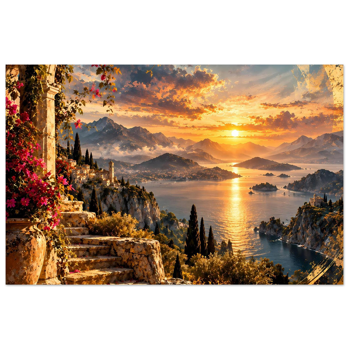Küstenposter mit Uferpromenade, Sonnenball über dem Wasser und weiten Berglandschaften
