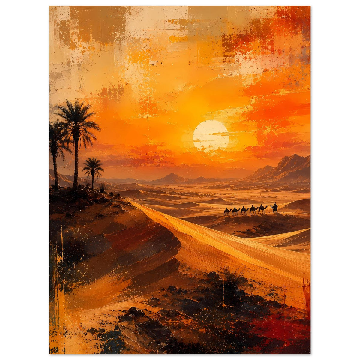 Wüstenlandschaft-Poster mit Palmen, Karawane und großer Sonne im orangefarbenen Sonnenuntergang