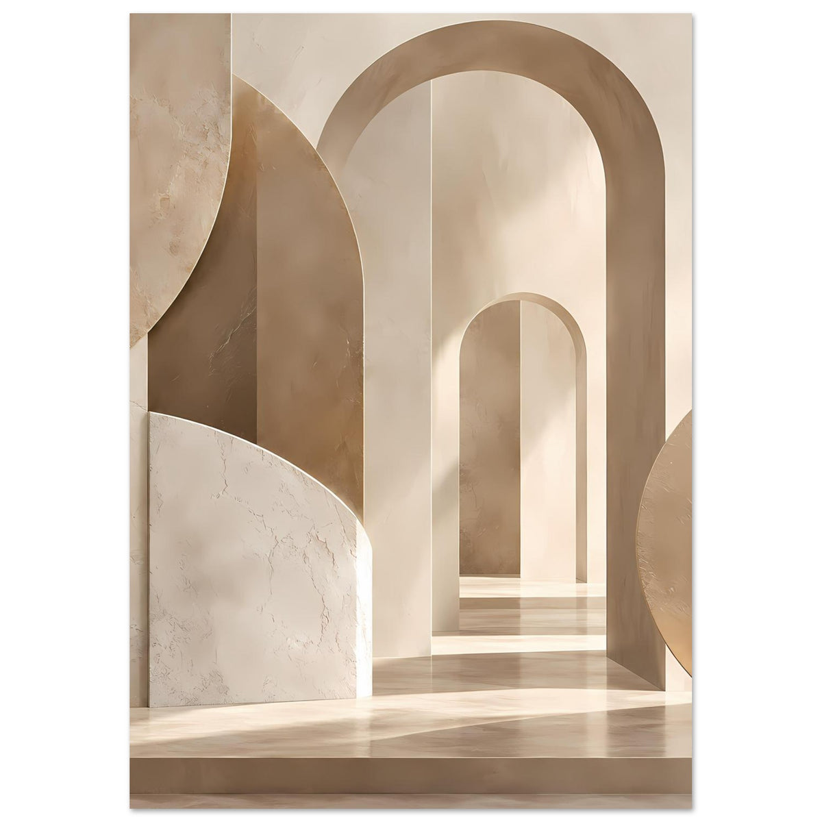 Kunstposter mit großen Bögen in Beige, Marmoroptik, rundes Element rechts außen