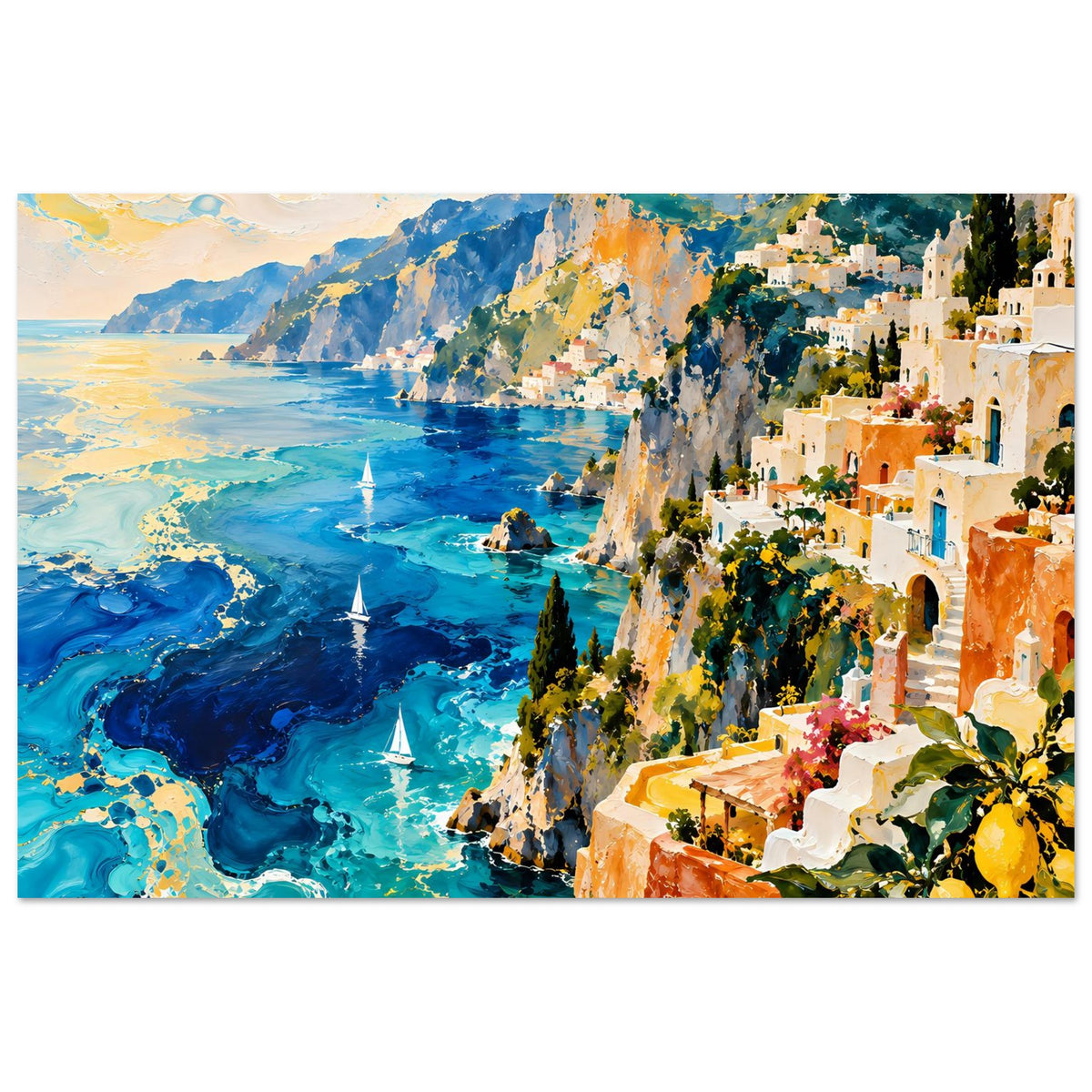Kunstdruck mit Küste und Häusern: blaues Wasser, felsige Uferkante, orange Details