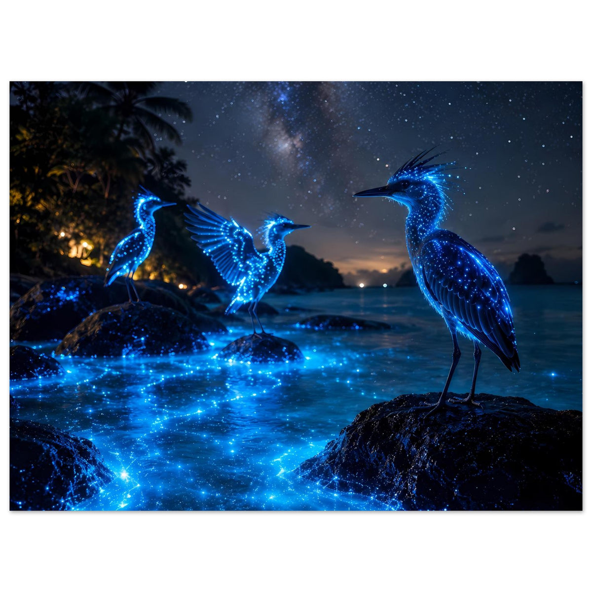 Poster: drei leuchtend blaue Nachtvögel auf Felsen, funkendes Wasser im Nachtsternhimmel