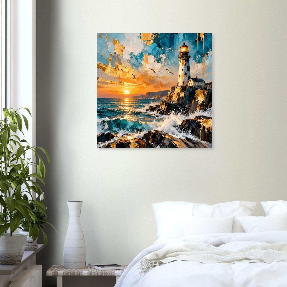 Quadratisches Poster mit Leuchtturm, Sonnenuntergang über dem Meer und schäumenden Wellen