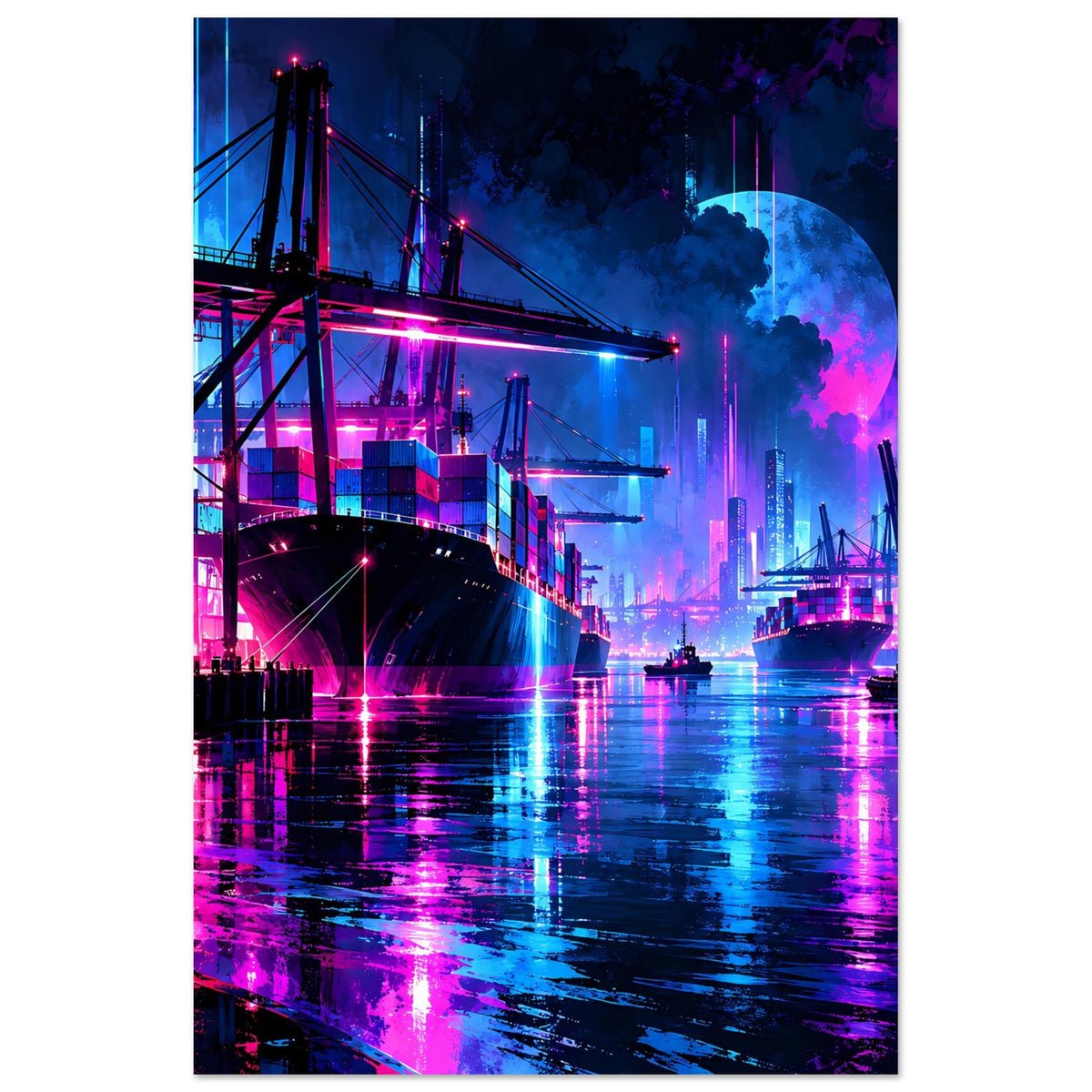 Neonhafen-Nachtlandschaft: Hafenkräne, Brücke und leuchtende Wolken über dem violett-blauen Wasser.