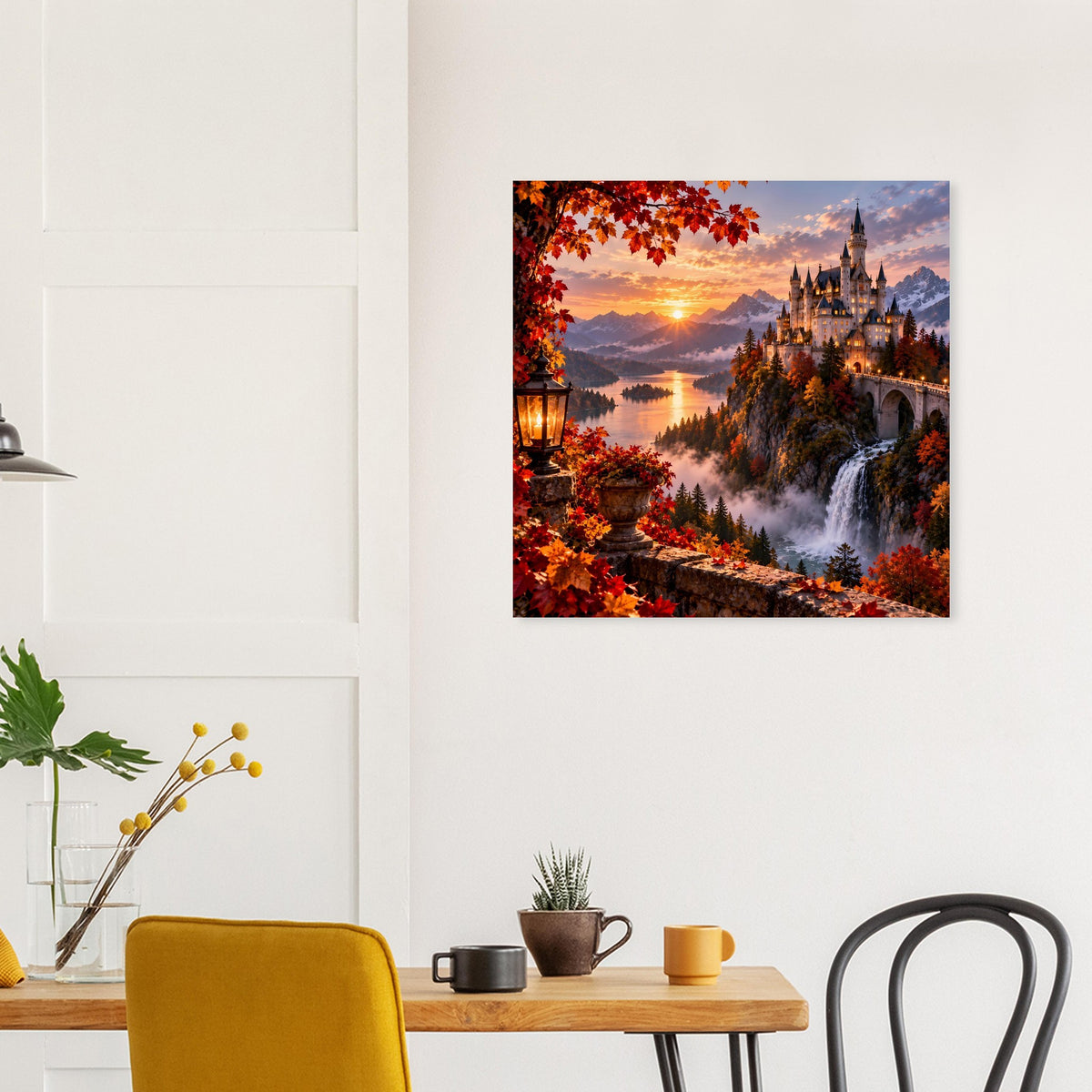 Quadratisches Poster mit Schloss im Nebel, Sonnenuntergangsstimmung und Herbstlaub