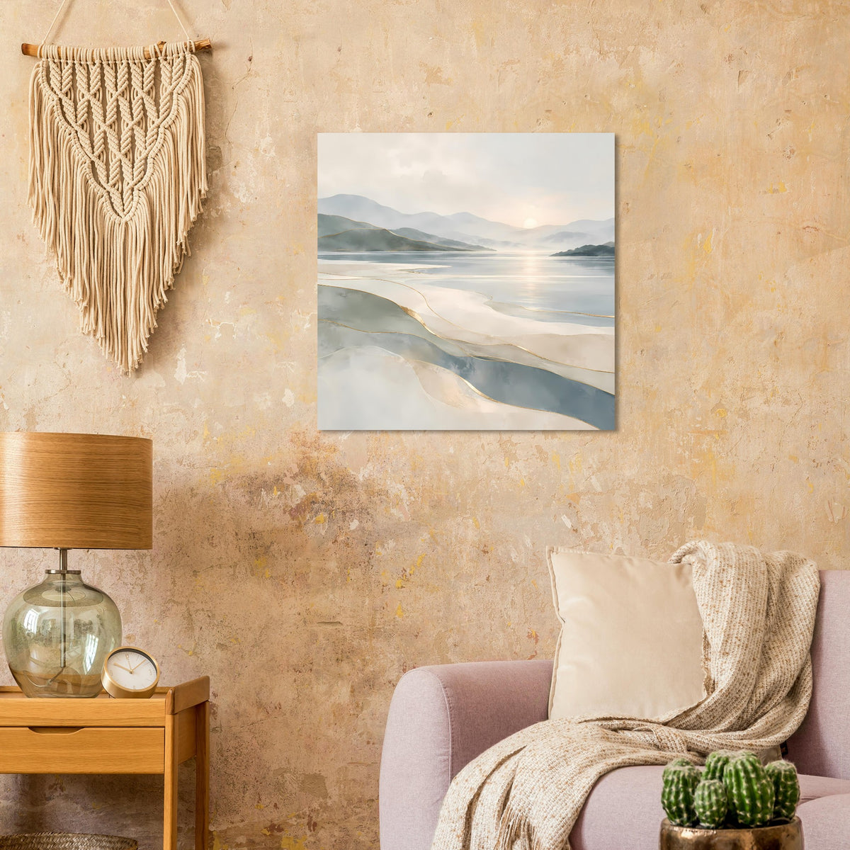 Küstenlandschafts-Poster klein auf Wand: beige-graue Küste mit goldenen Linien über ruhigem Wasser