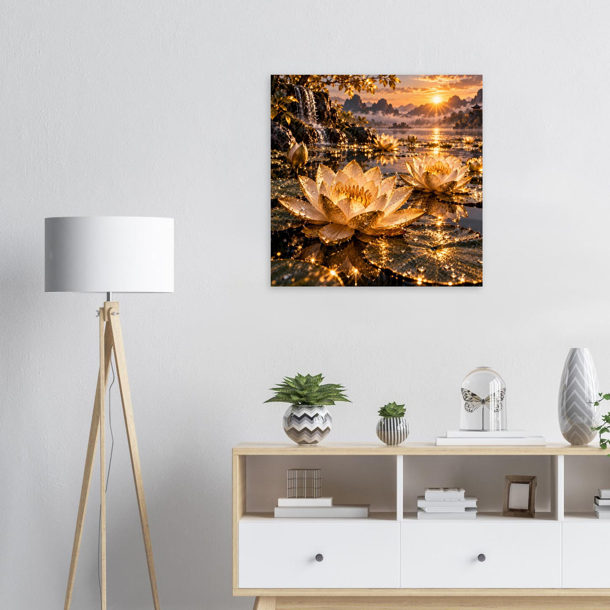 Wandposter mit goldener Lotusblüte über Wasserlandschaft, Sonnenuntergang und Lichterschein
