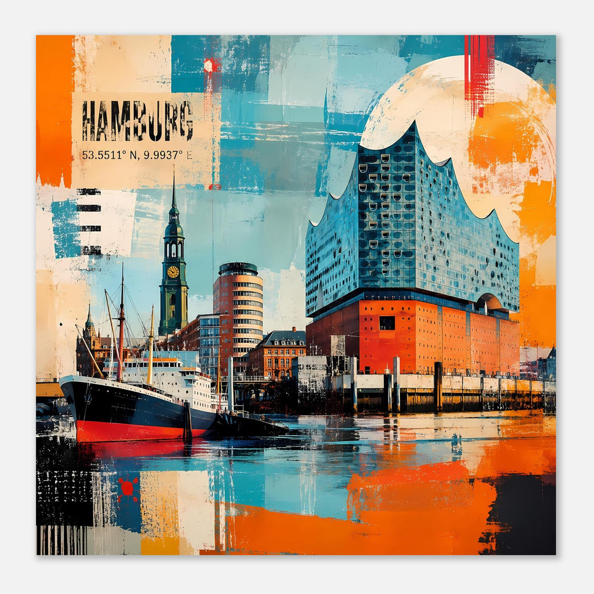 Hamburg-Poster mit Elbphilharmonie, Schiffen und Hafenreflexionen in Türkis und Orange
