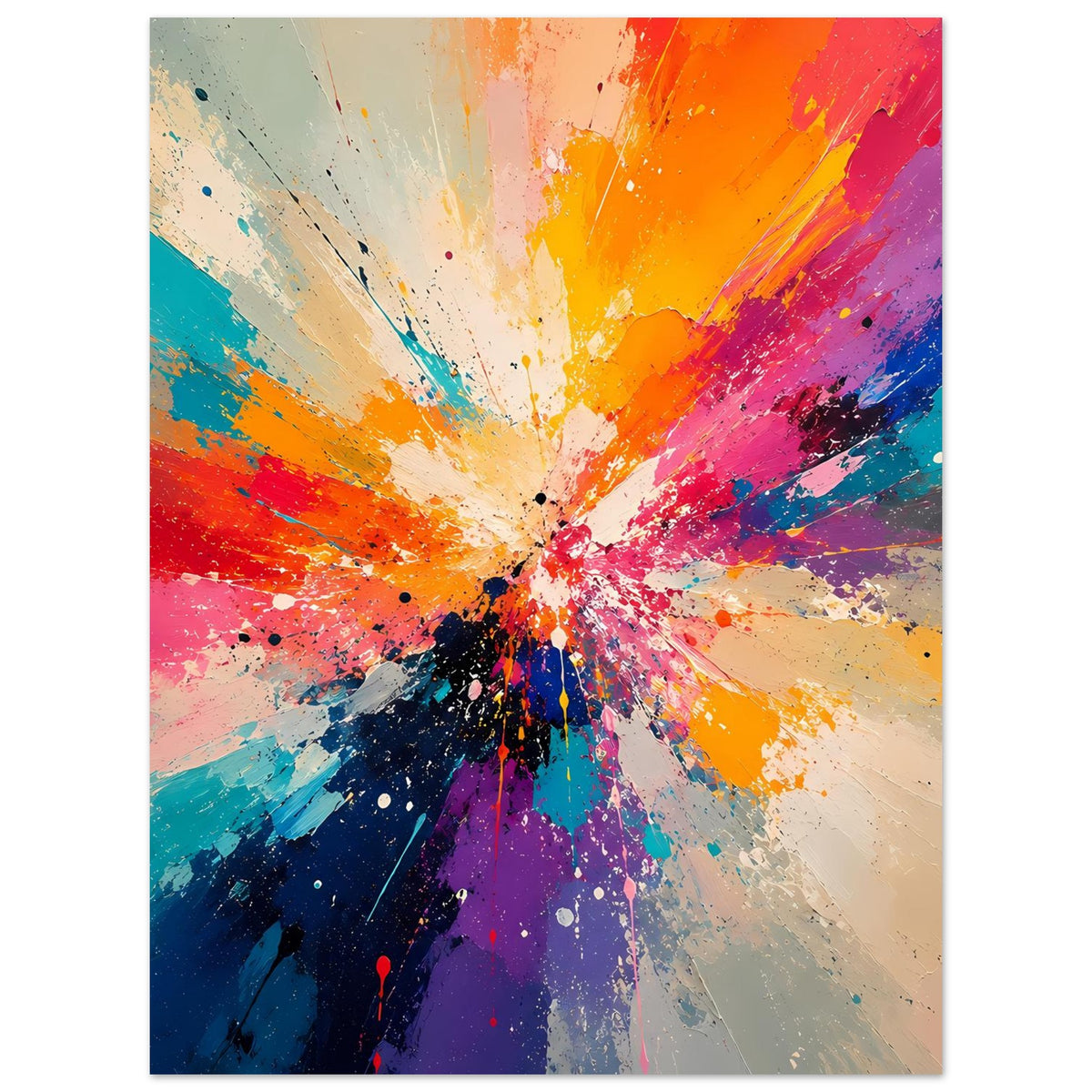 Abstraktes Kunstposter mit radialem Farbenexplosions-Motiv in Blau, Lila, Orange und Pink