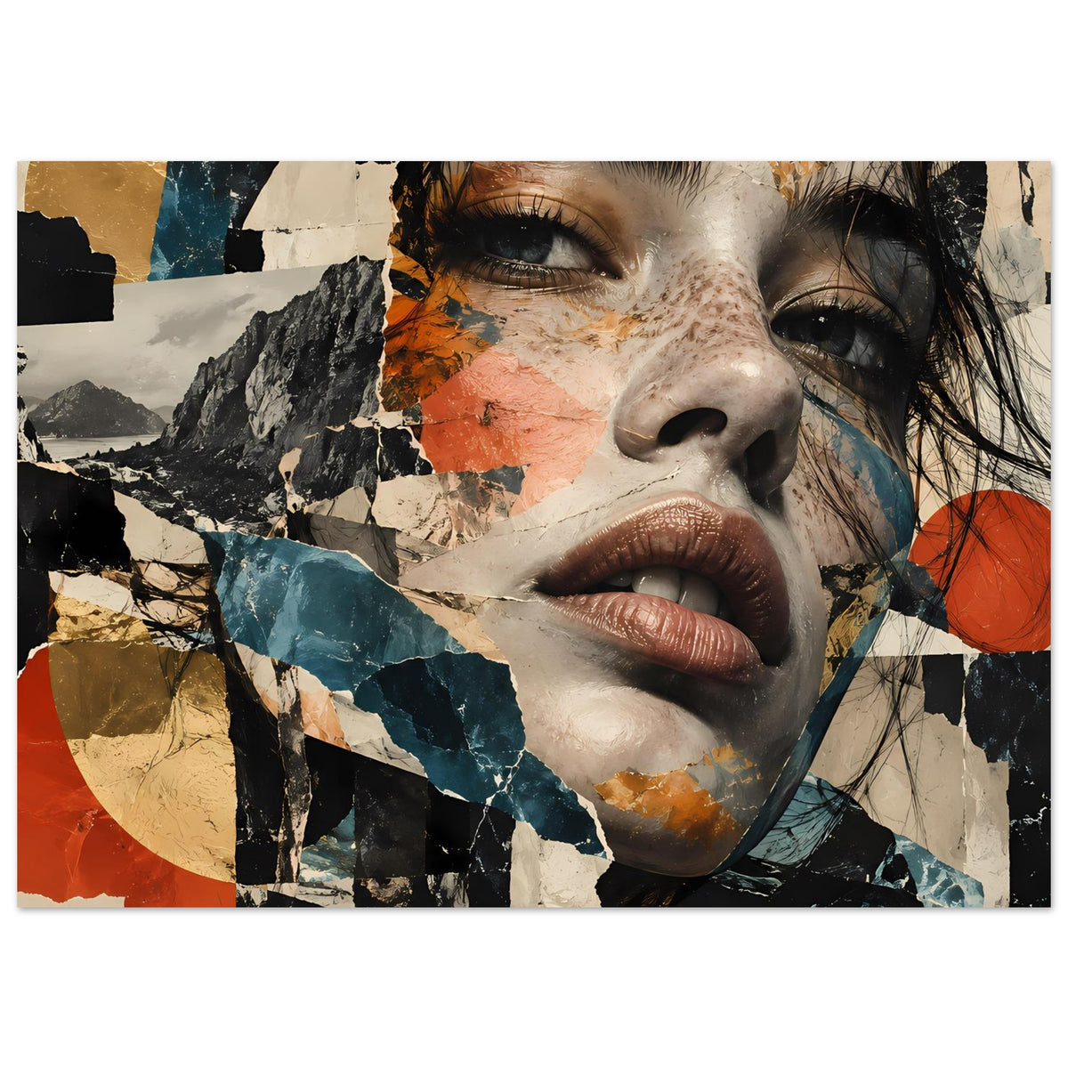 Abstraktes Collage-Porträtposter (Querformat) mit Frauenkopf, braunem, blauem und schwarzen Akzenten