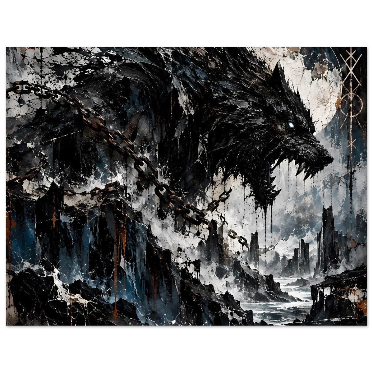 Horizontales Wolfsplakat: Kettenmotiv und Wolfssilhouette mit urbaner Kulisse, Blau-Grau-Sprenkel