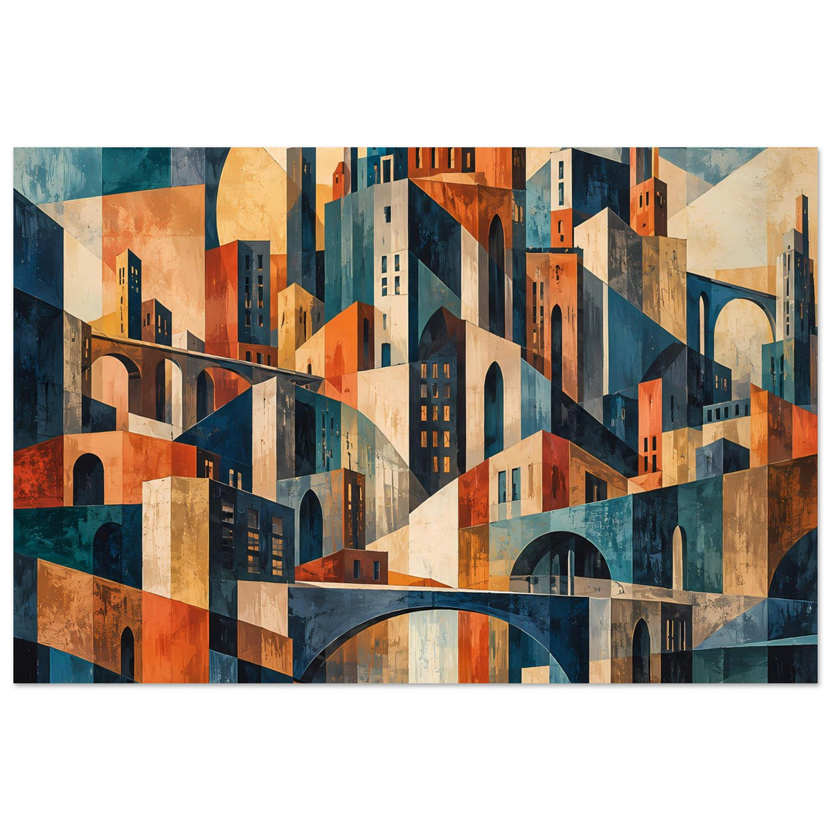 Horizontales Plakat: abstrakte Stadtgebäude in Blau, Beige und Orange, mit Brücke