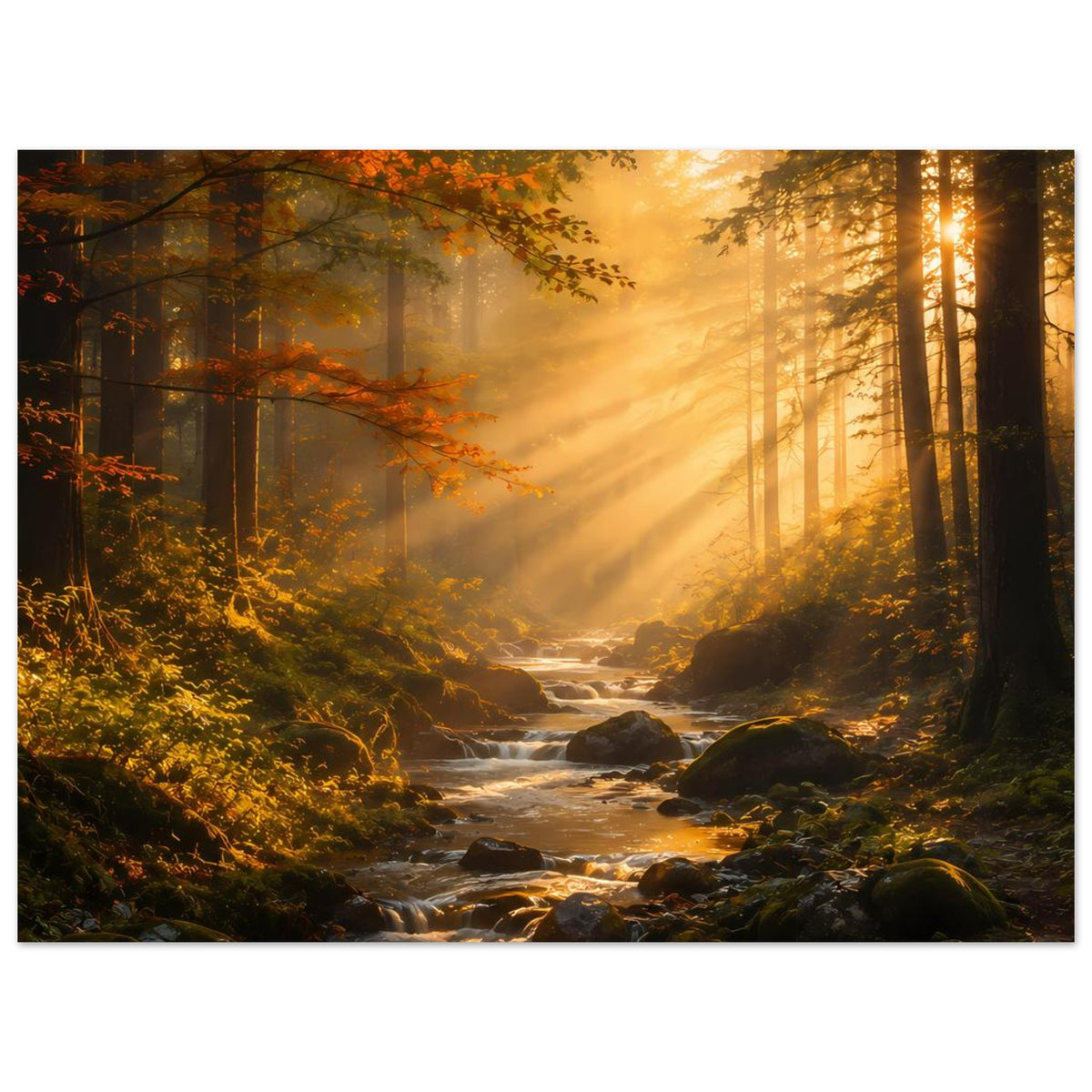 Poster Wald-Sonnenaufgang: Sonnenstrahlen durch Bäume, Bach über Felsen, goldene Farben