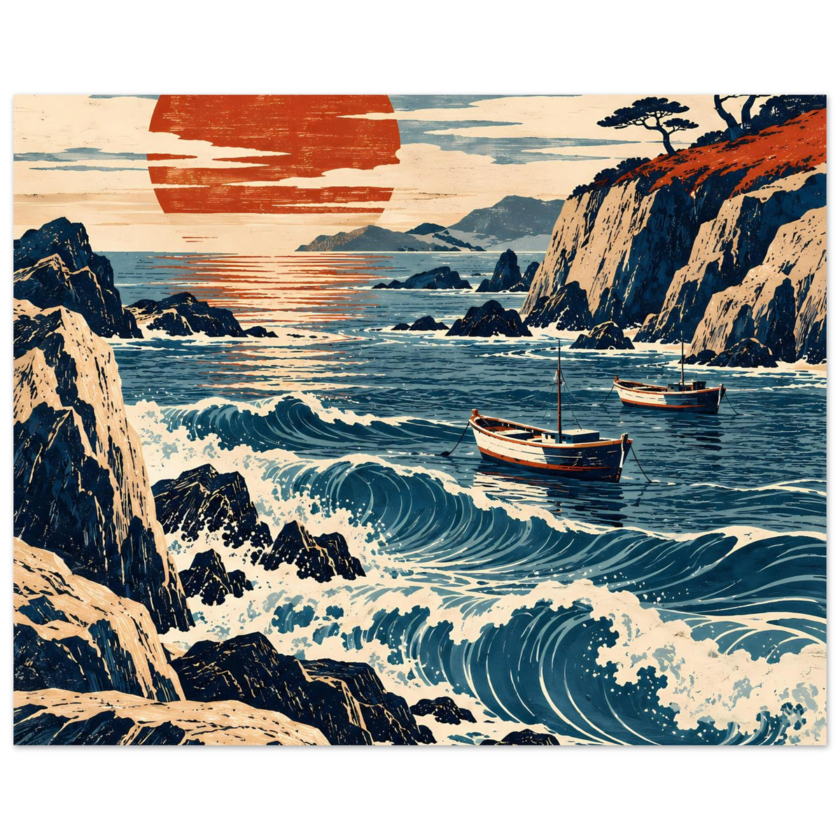 Horizontales Poster: Meerlandschaft mit Wellen, Felsen, Segelbooten und roter Sonne