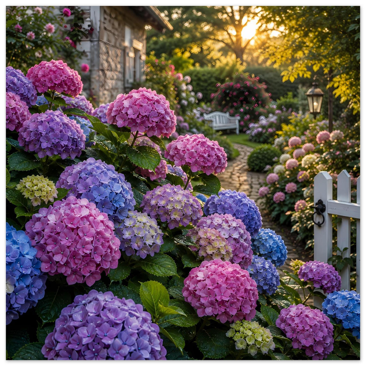 Blumenposter mit Hortensien in Rosa, Lila und Blau, Gartenweg und weißer Zaun