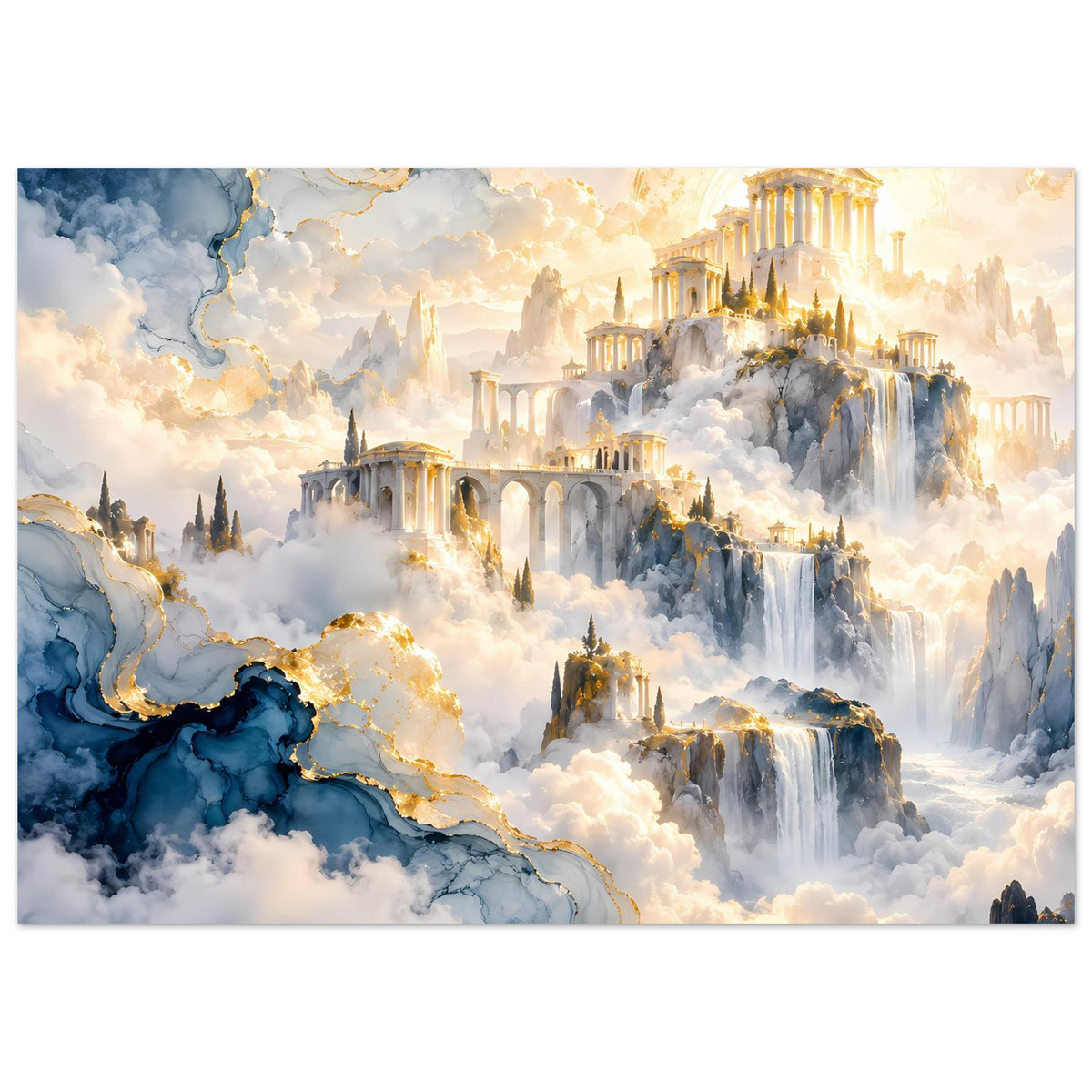 Horizontales Poster: mythische Bergstadt mit goldenen Akzenten, Wasserfällen und Nebel