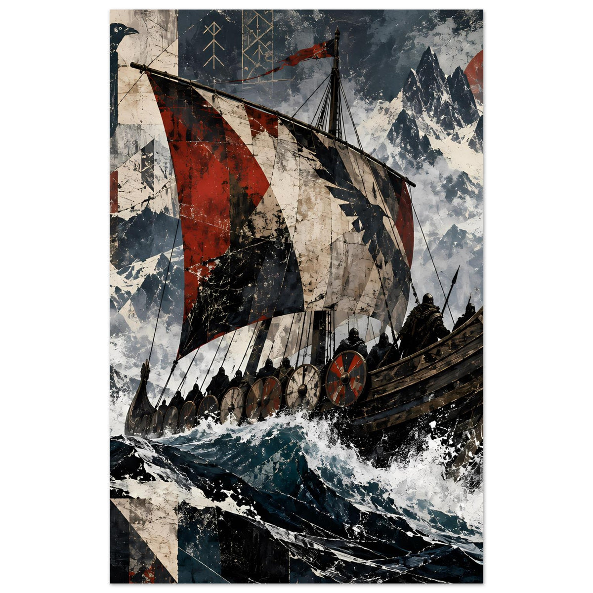 Poster mit Wikingerschiff und roten Segeln, Sturmgischt, im Hochformat