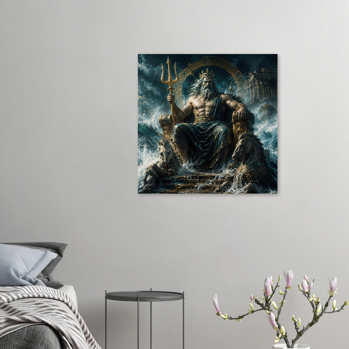 Poster mit sitzendem Poseidon, Dreizack erhoben, dunkle Sturmwellen im Hintergrund