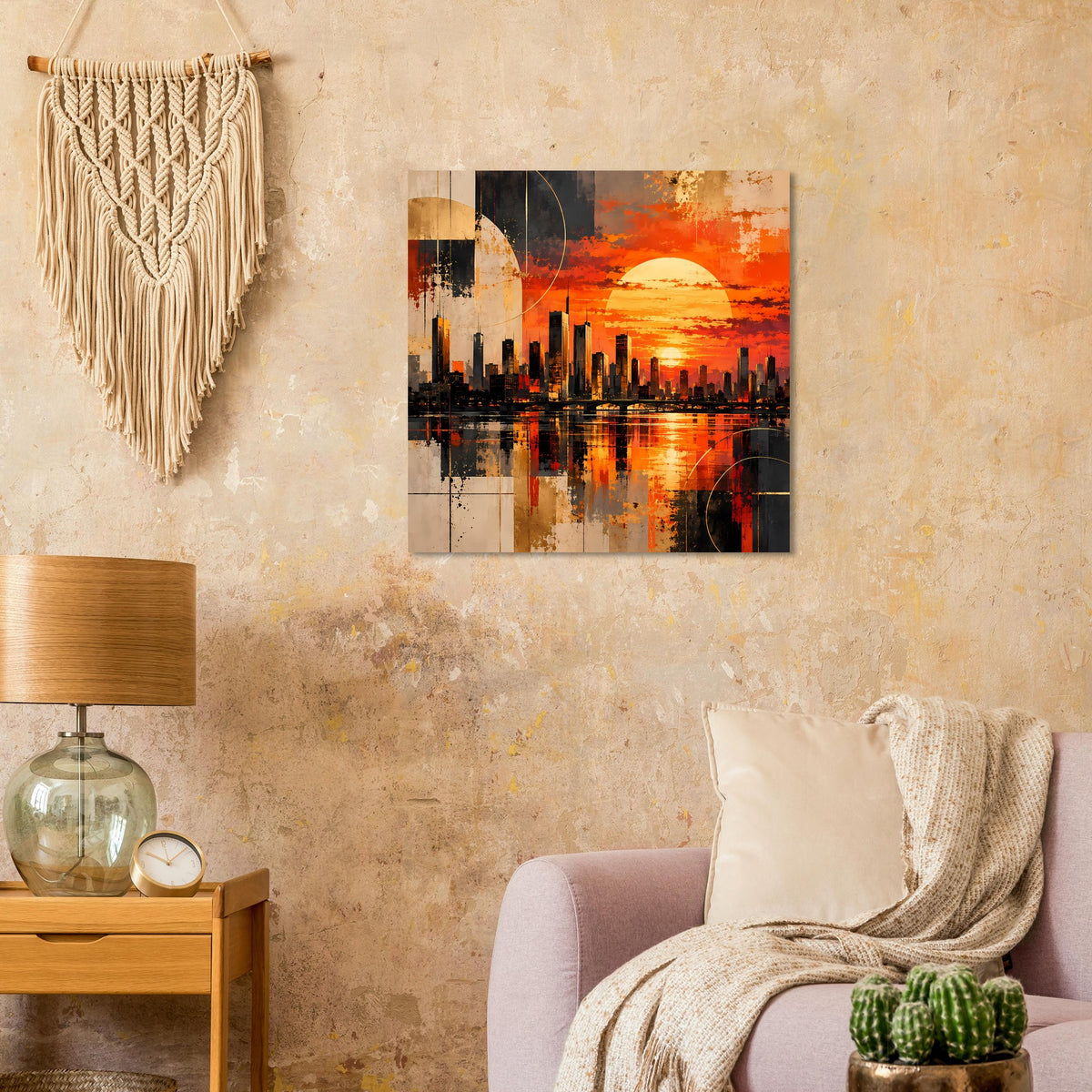 Abstraktes Stadtbild-Poster mit orangefarbenem Sonnenuntergang und Wasserreflexionen