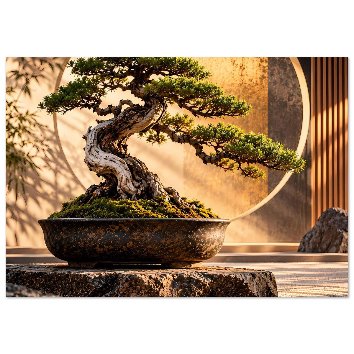 Bonsai-Garten-Poster mit Bonsai in Schale auf Steinpodest, goldenes Kreis-Detail