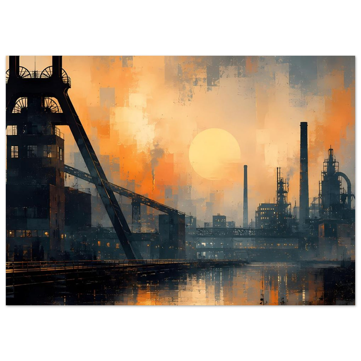 Industriepanorama-Poster im Querformat: dunkle Industriegebäude, orange Dämmerung, Hafenwasser