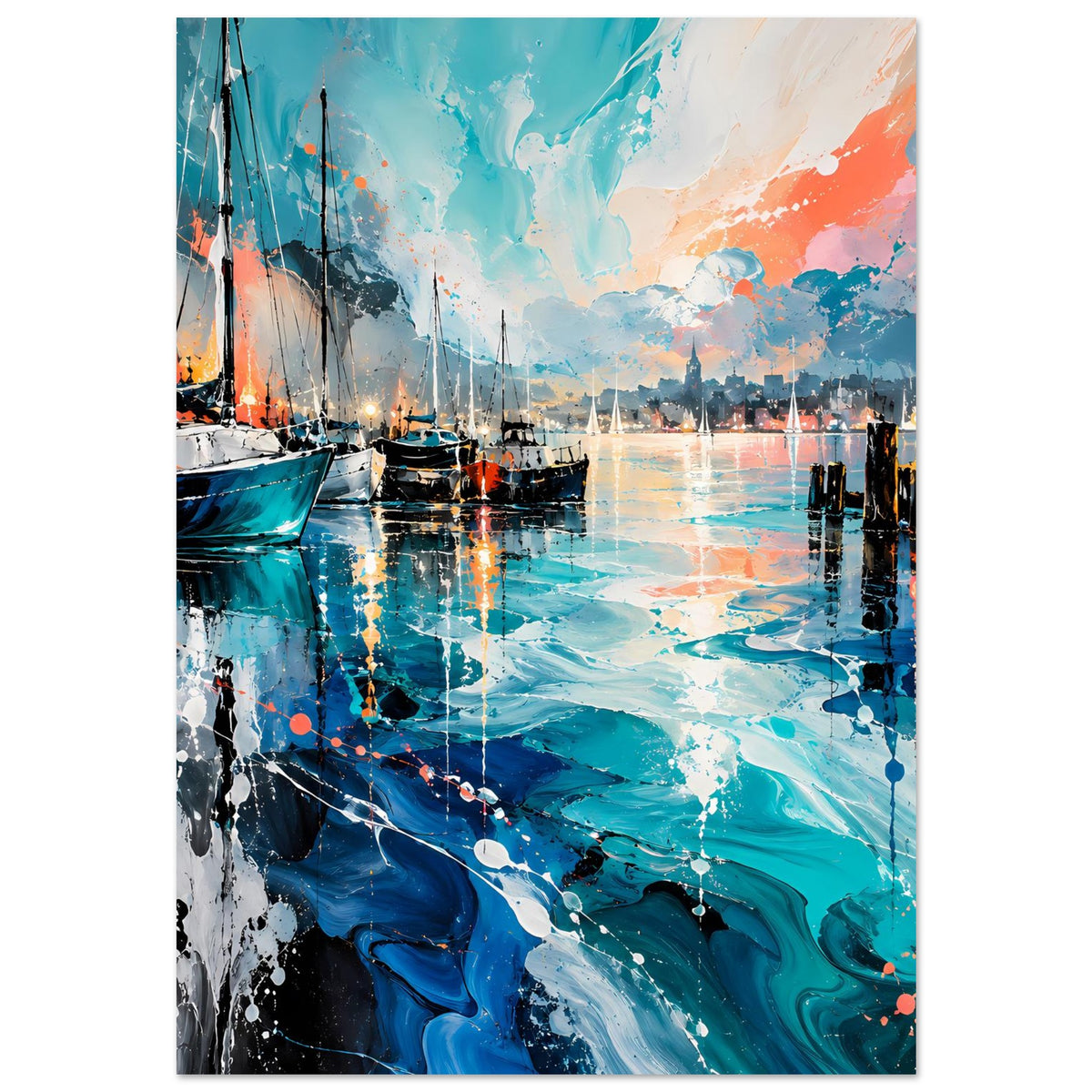 Hochkant-Poster mit abstrakter Hafenszene, Segelbooten, türkisem Himmel und Orange