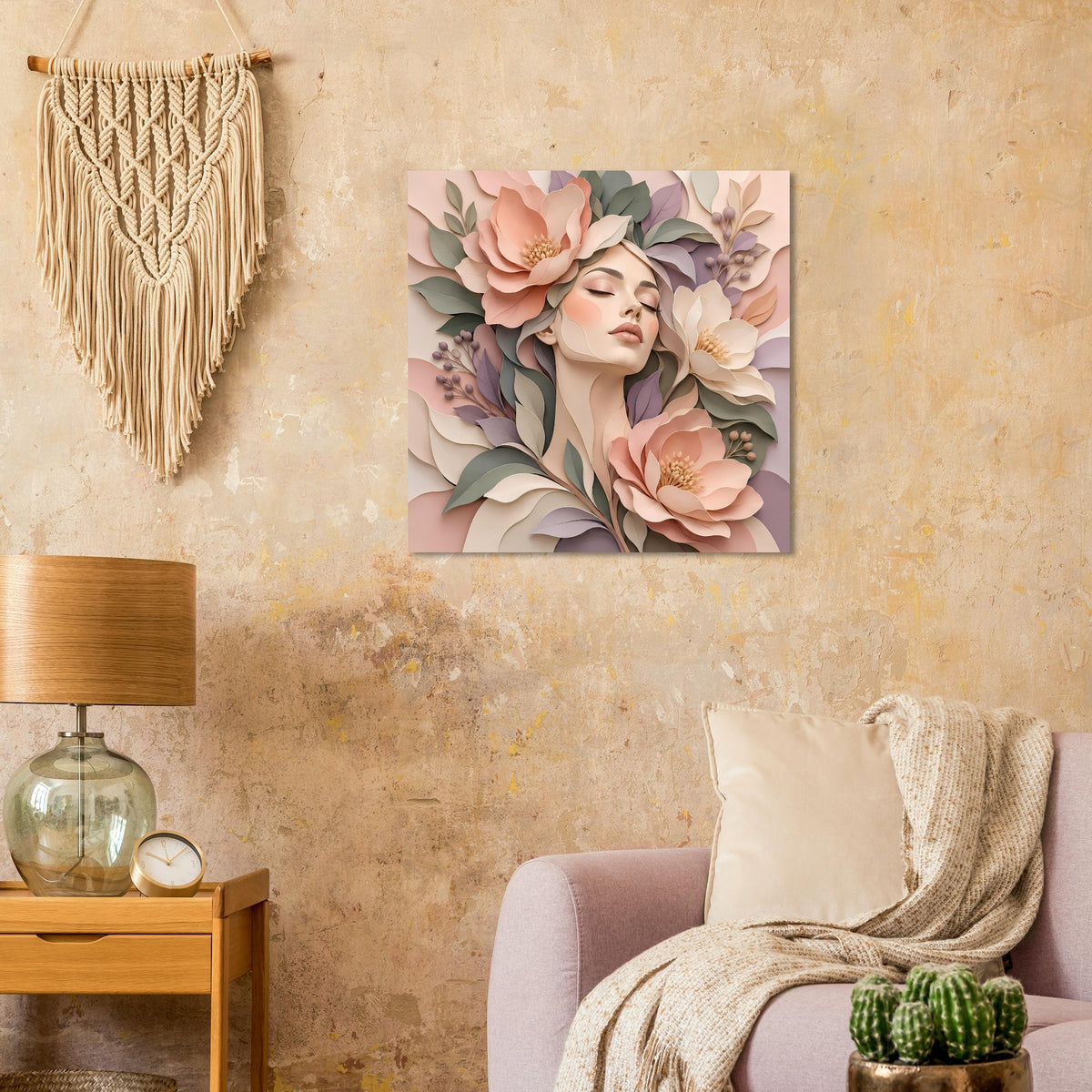 Quadratisches Wandposter mit Frauengesicht zwischen Rosen und Blättern in sanften Pastelltönen