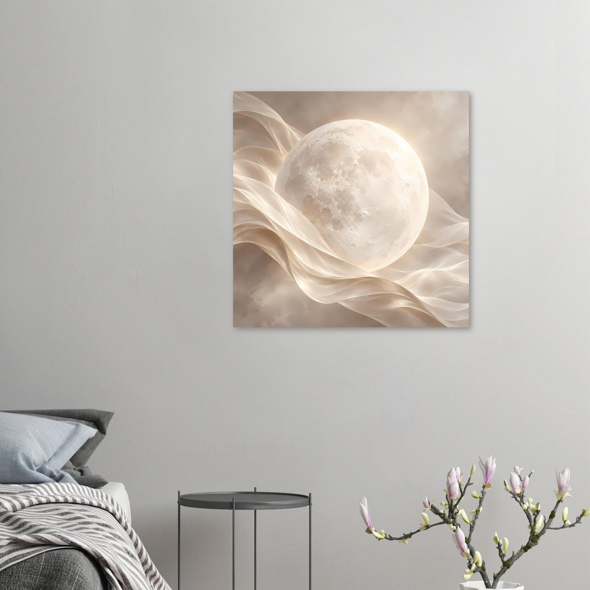 Kleines Wandposter mit Vollmond und schimmernden Stoffwellen, beige-cremefarben