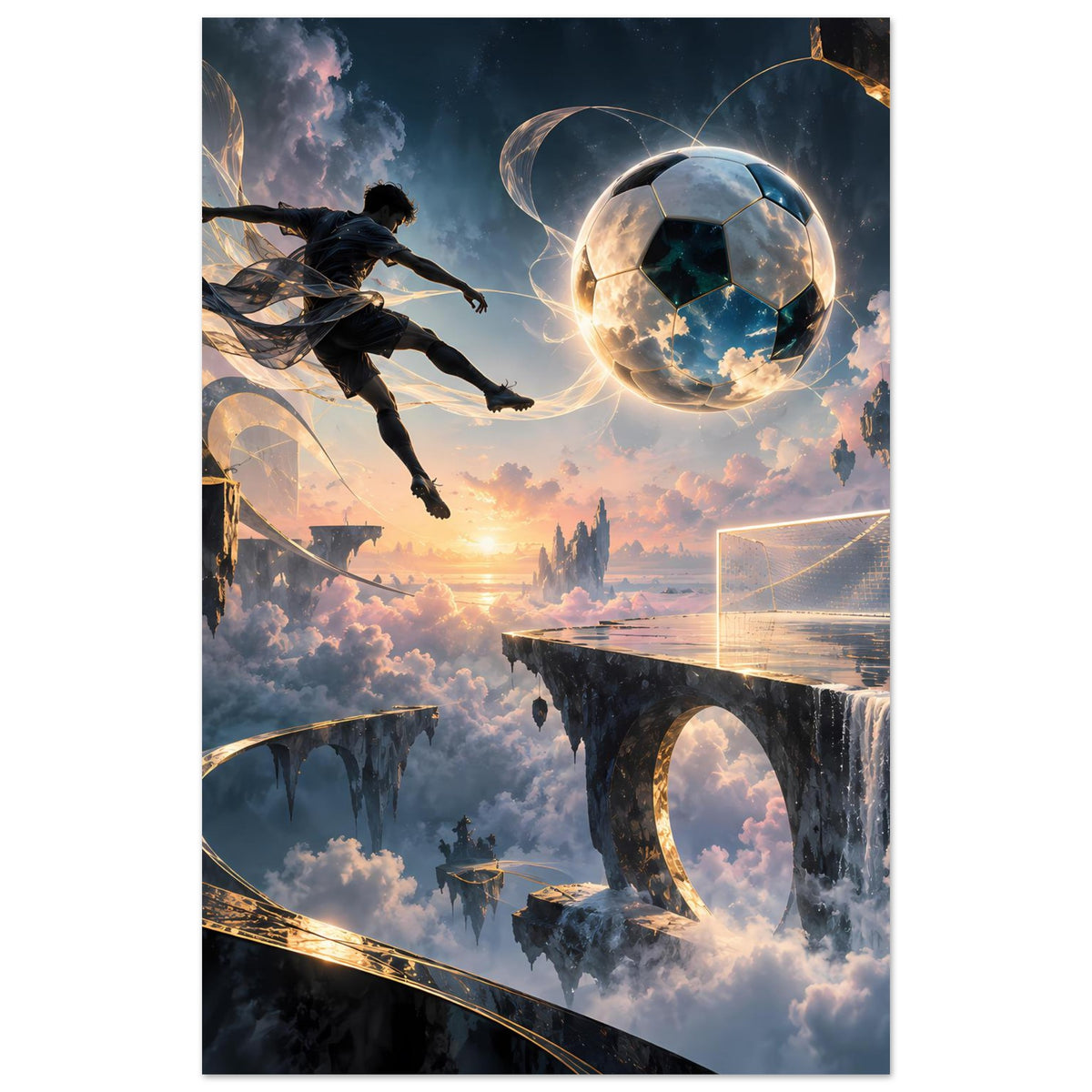 Vertikales Fußballposter: schwebender Ball über Tor, Spieler springt nach links, goldene Ringe
