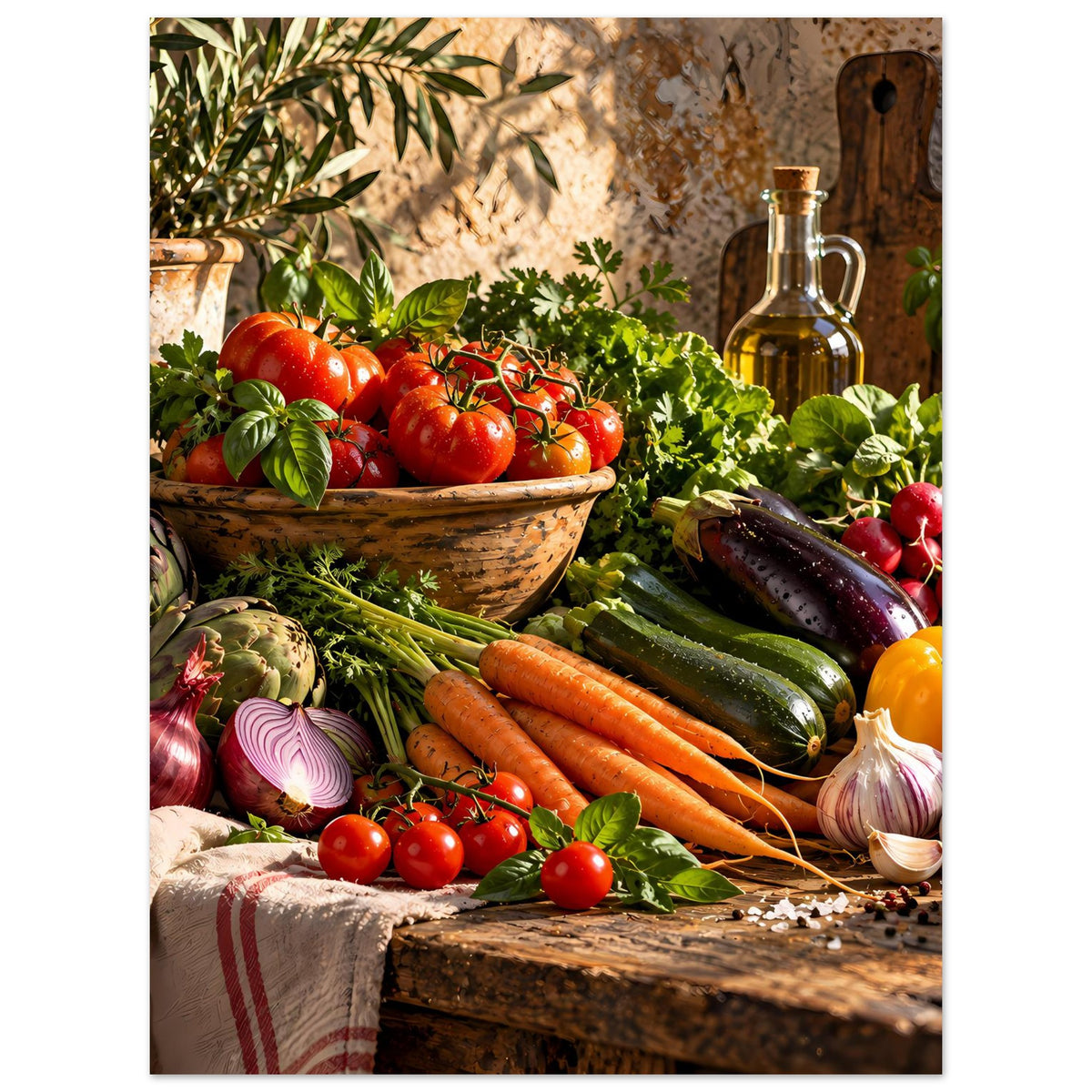 Küchenposter mit Gemüse: Tomaten, Karotten, Zucchini, Zwiebeln, Kräuter, Ölflasche