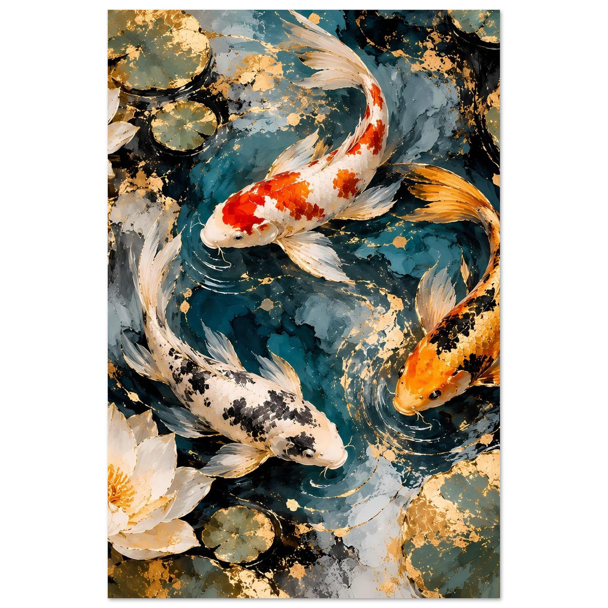 Koi-Pond-Kunstposter im Hochformat: Koi-Fische und Lotusblüten, Blau-, Orange- und Weißtöne.