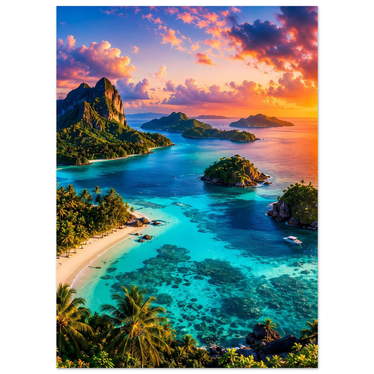 Poster mit tropischer Bucht: türkisblaues Meer, Palmen am Strand, Inseln und Sonnenuntergang