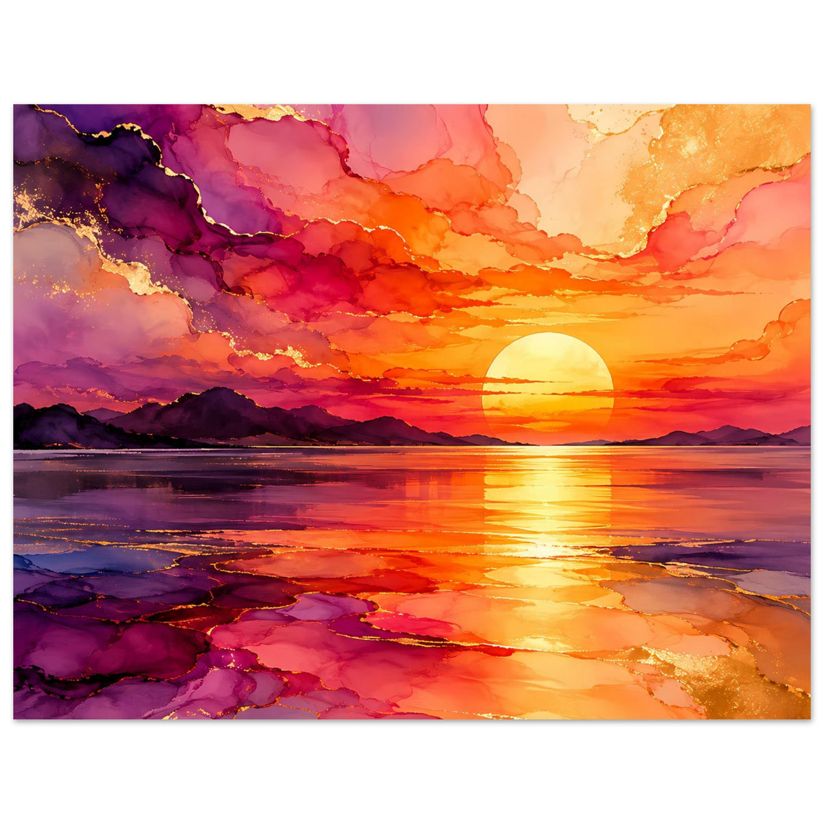 Horizontales Poster mit Sonnenuntergang; goldene Sonne, orangefarbener Himmel und violetter Vordergrund