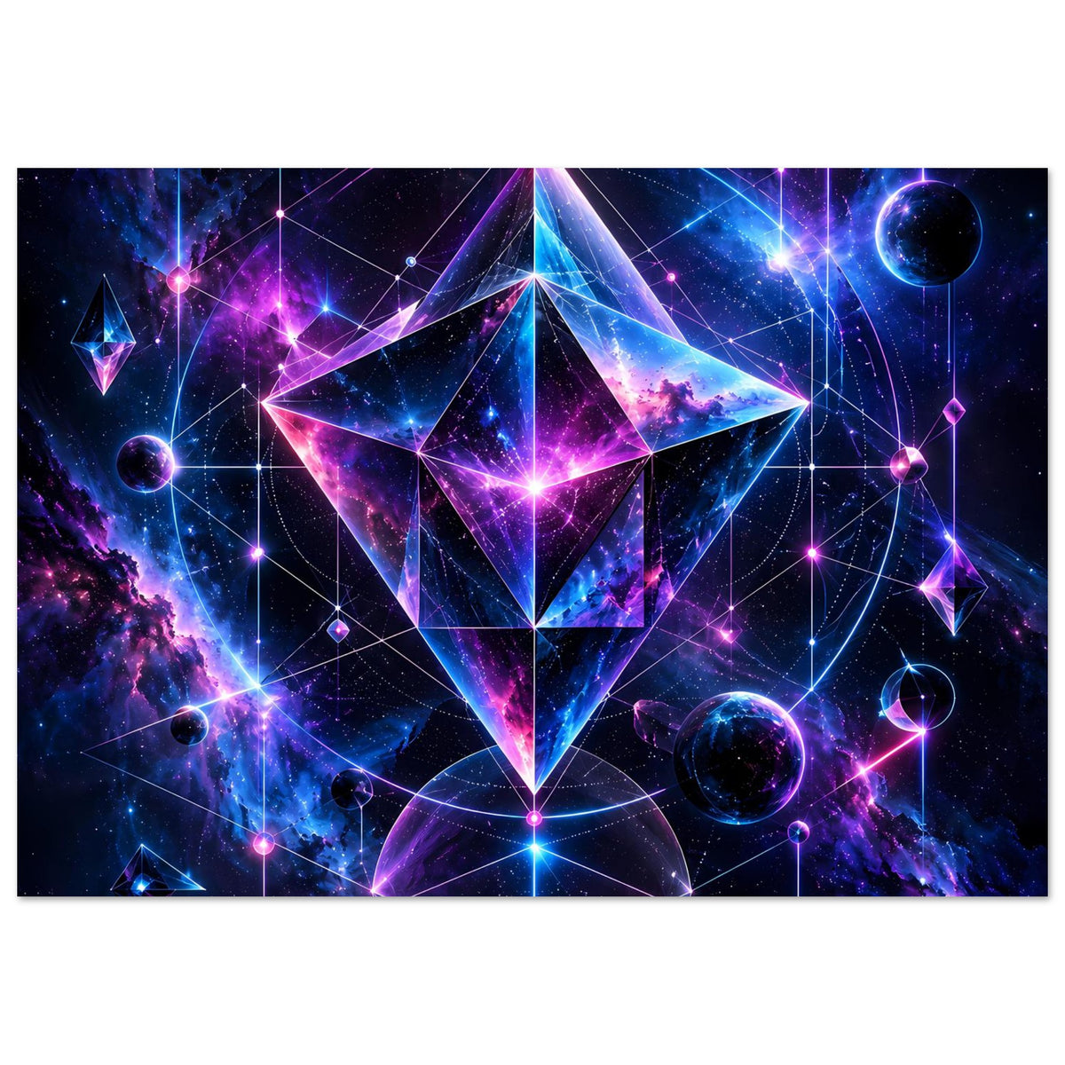 Kosmos-Geometrie-Poster mit violettem und blauem Sternmotiv, Planeten, Linien und Kreisen, horizontal