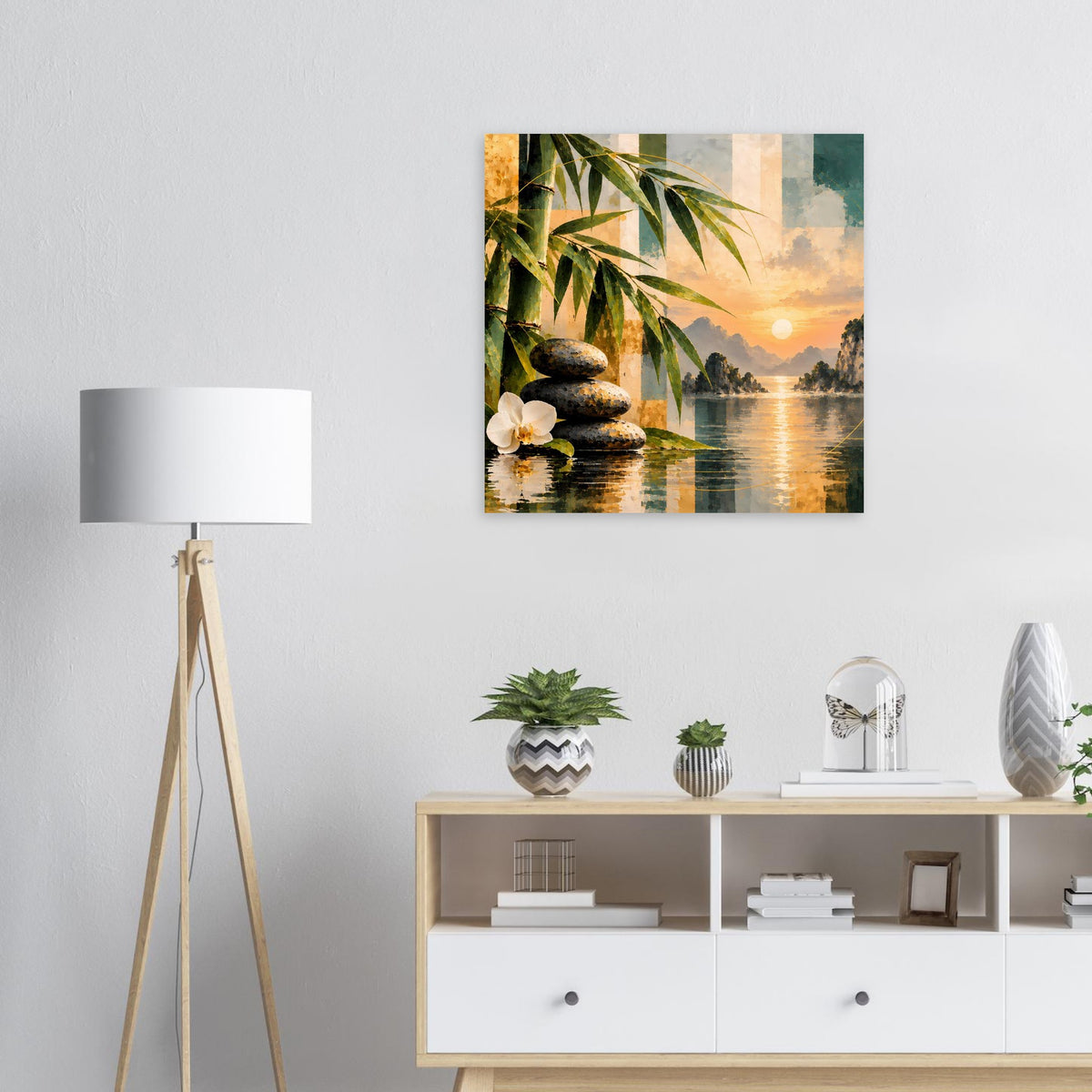Wandposter im quadratischen Format mit Sonnenuntergang am See und Bambuszweigen