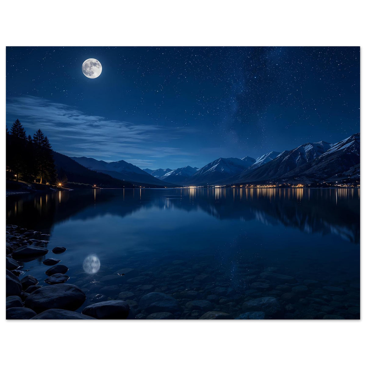 Poster: Panorama mit Sternenhimmel, Mond und spiegelndem Bergsee