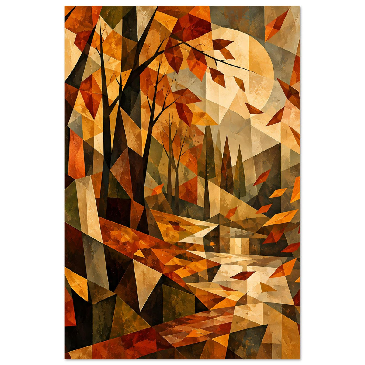 Herbstlandschaft-Poster Kubismus, große helle Sonne, dunkle Baumstämme aus Dreiecken, vertikal