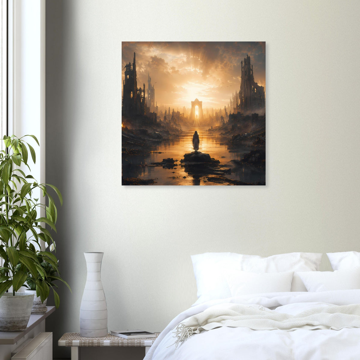 Quadratisches Poster mit Skyline bei Sonnenaufgang, Figur im Fluss und warmem Licht