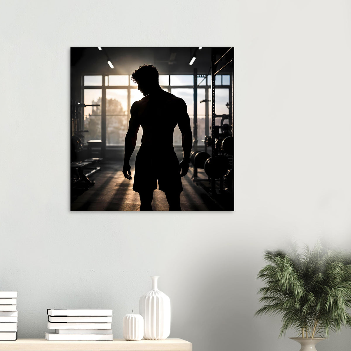 Quadratisches Poster mit Silhouette eines trainierenden Mannes im Fitnessstudio