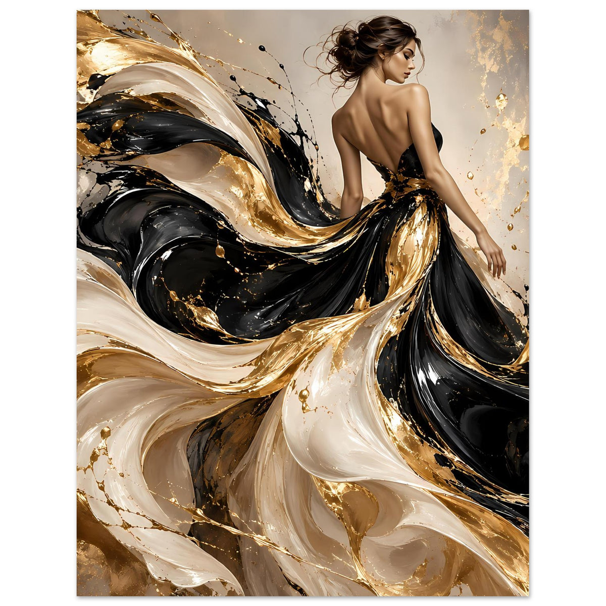 Wandkunst mit abstrakten Farbwirbeln in Schwarz, Gold und Elfenbein und weiblicher Silhouette