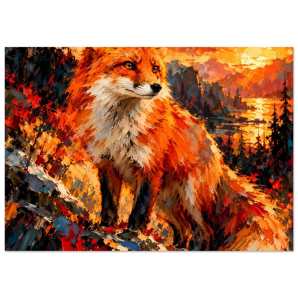 Fuchs-Porträtposter: orange-weißes Fell, dunkle Augen und detaillierte Fellstruktur, Herbstfarben