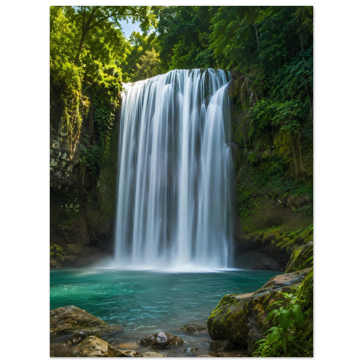 Wasserfall-Poster: silberner Wasserfall über türkisgrünem Becken, von Grün umrahmt