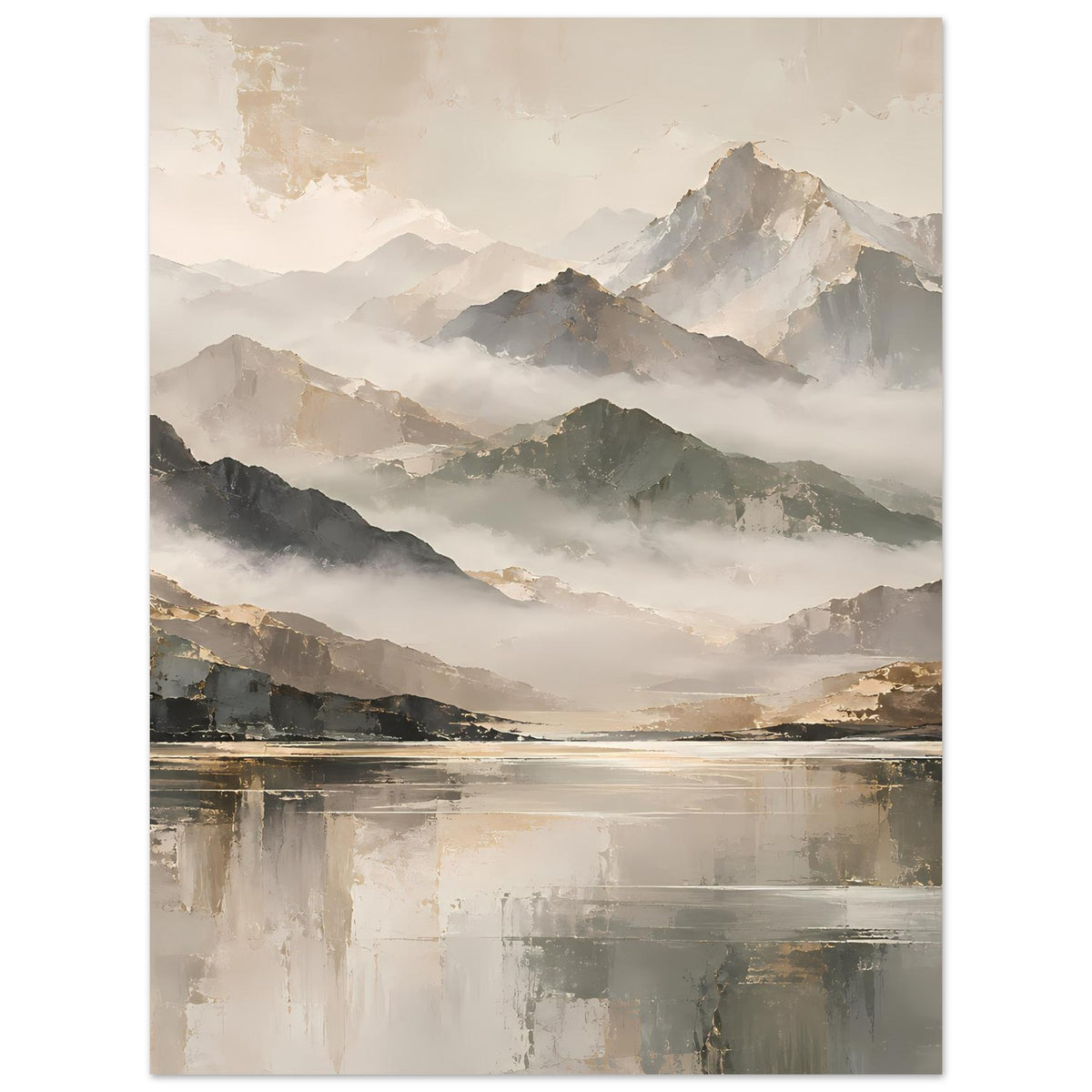 Naturposter im Hochformat: Berge in Grau und Grün, Nebel über Wasser mit goldenen Streifen