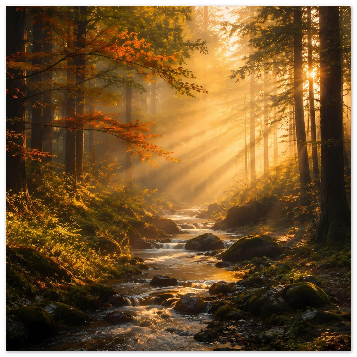 Wandposter Waldszene bei Sonnenaufgang, Stream über Felsen, orange-gelbe Blätter