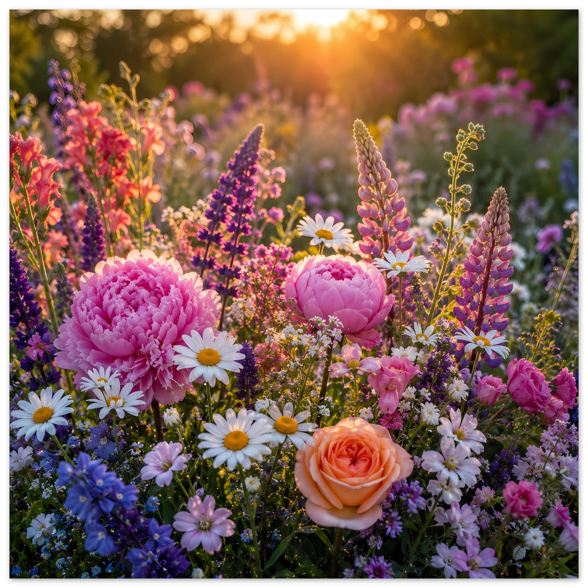 Blumenposter mit buntem Blütenmix aus Pfingstrosen, Margeriten und orangefarbener Rose