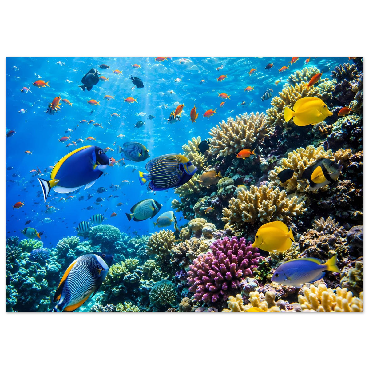 Korallenriff-Poster mit Schwarm tropischer Fische über einem mehrfarbigen Korallenriff