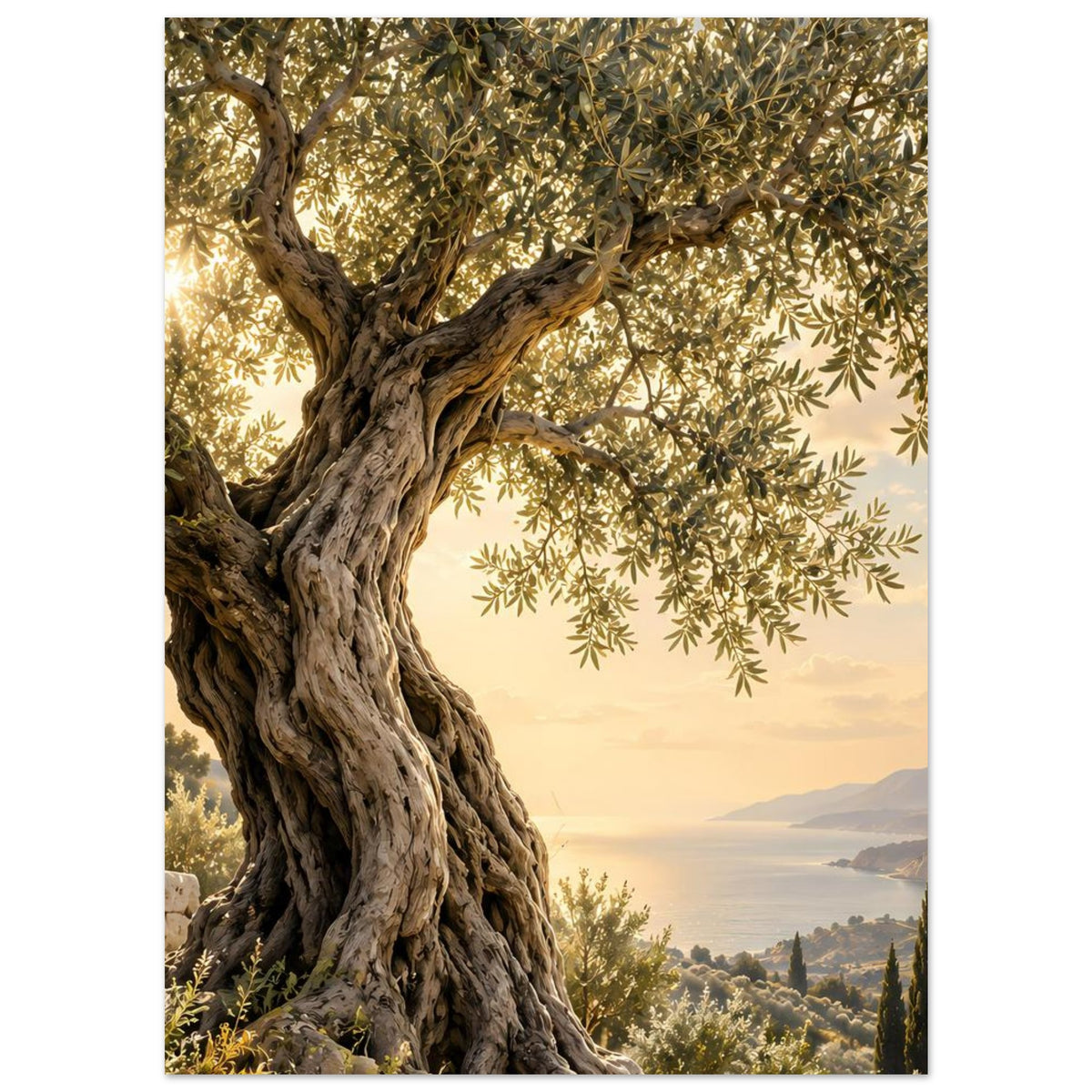 Poster mit altem Olivenbaum und grünen Blattzweigen, Sonne links im Hintergrund